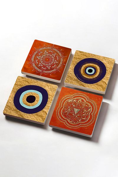 Pinecone 4 Piece Set - Nazar, Sri Yantra, Mandala Stone Coaster, Desktop Protective Coaster 10X10Cm Sc302