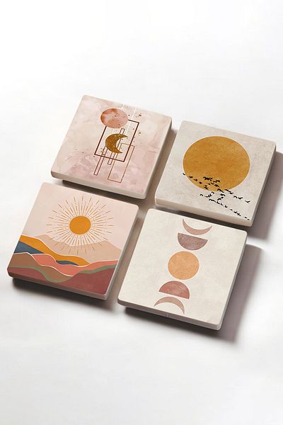 Pinecone Minimalist, Bohemian, Abstract Stone Coasters Desktop Protective Coasters Set of 4 10x10cm Sc261