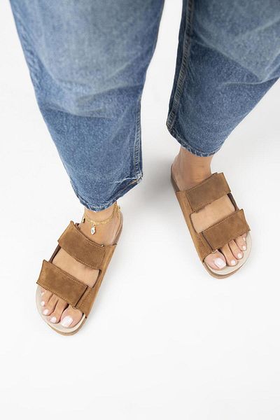 Manijero Παντόφλες Vina από γνήσιο δέρμα Velcro Tan