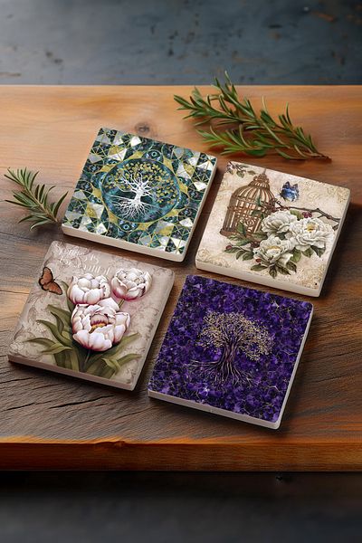 Pinecone Tree of Life, Butterfly Flower Stone Coaster Desktop Protective Coaster 4 Piece Set 10x10cm
