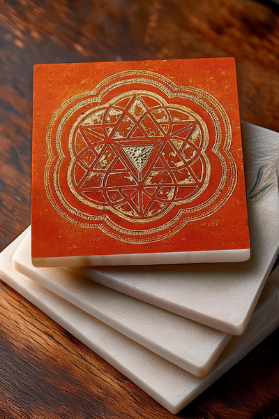 Pinecone Minimalist Abstract, Sri Yantra, Mandala Stone Coaster Desktop Protective Coaster Set of 4 10X10Cm