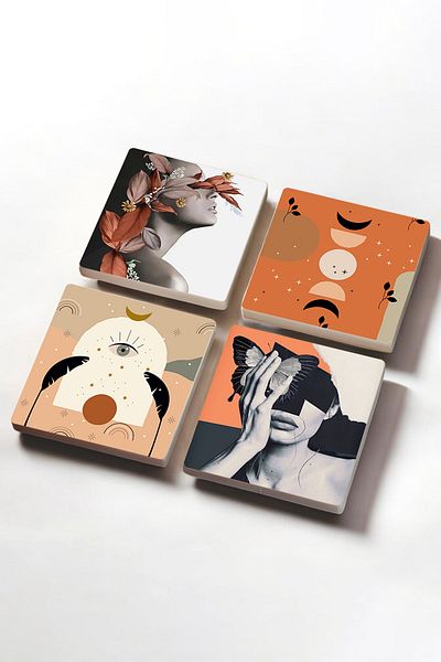 Pinecone Bohemian, Spring Dream Series Stone Coasters Desktop Protective Coasters Set of 4 10x10cm Stone Coasters