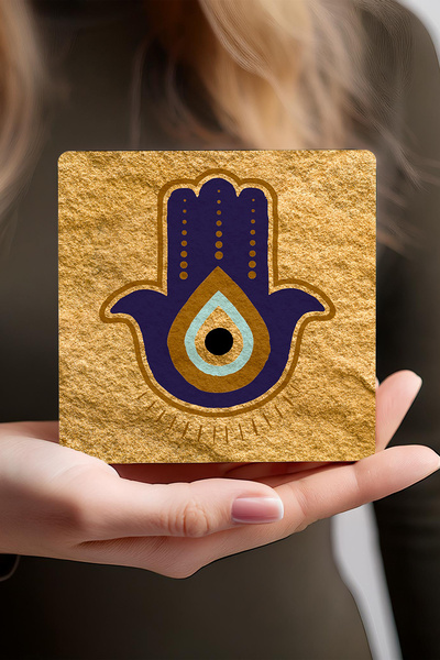 Pinecone Mother of Fatma's Hand (HAMSA), Evil Eye Stone Coaster Desktop Protective Coaster 4 Piece Set 10x10cm Sc244