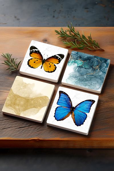 Pinecone Butterfly, Abstract Art Stone Coasters Desktop Protective Coasters 4 Piece Set 10x10cm Stone Coasters
