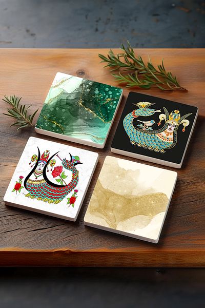 Pinecone Abstract Art, Shahmeran Stone Coaster Desktop Protective Coaster 4 Piece Set 10x10cm Stone Coasters