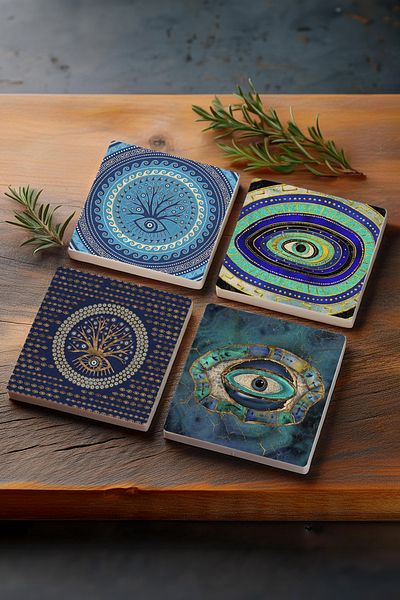Pinecone Evil Eye Stone Coaster Desktop Protective Coaster 4 Piece Set 10x10cm Stone Coasters