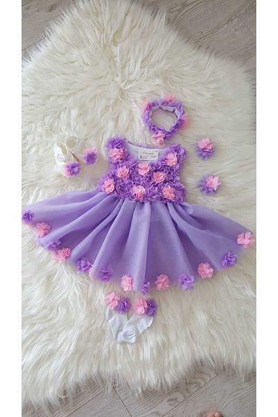 GOLD TEKSTİL Laser Floral Print - Baby Girl Purple Evening Dress, Special Occasion and Birthday Dress Set