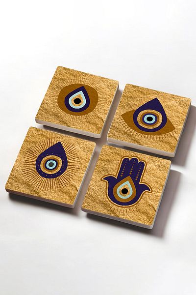 Pinecone Fatma Mother Hand (HAMSA), Evil Eye Stone Coaster Desktop Protective Coaster 4 Piece Set 10x10cm Sc243