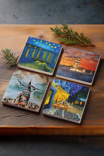 Pinecone Van Gogh Rhine River, Night on the Cafe Terrace, Istanbul Galata Tower, Maiden's Tower Stone Coasters Set of 4