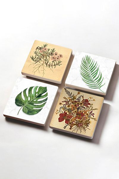 Pinecone Vintage Flower, Leaf Stone Coasters Desktop Protective Coasters 4 Piece Set 10x10cm Stone Coasters