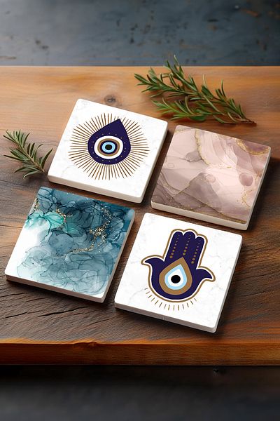 Pinecone Fatima Mother's Hand (HAMSA), Evil Eye, Abstract Art Stone Coasters Protective Coasters Set of 4 10x10cm