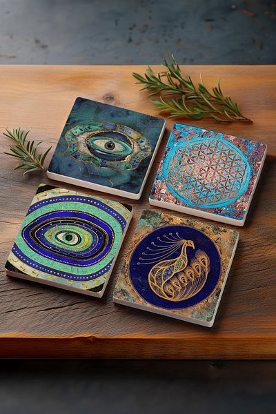 Pinecone Evil Eye, Flower of Life, Peacock Stone Coaster Desktop Protective Coaster 4 Piece Set 10x10cm