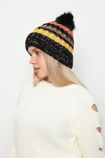 REMSA Woolen Women's Beret with Colorful Pompom Detail - Black Rkş-23