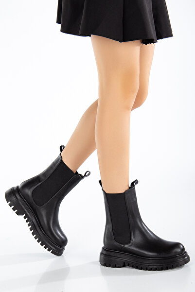 MARSEDO Chelsea Kadın Siyah Kalın Taban Günlük Lastikli Bot