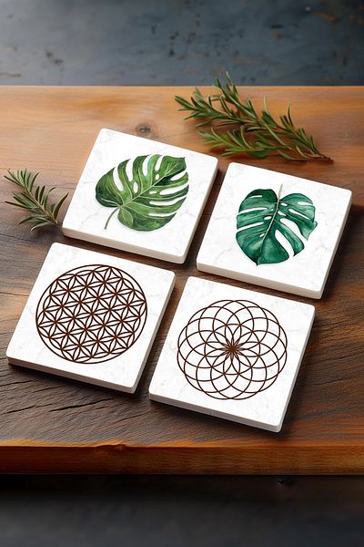 Pinecone Leaf, Flower of Life Stone Coasters Desktop Protective Coasters 4 Piece Set 10x10cm Stone Coasters