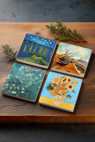 Pinecone Van Gogh Stone Coasters Desktop Protective Coasters 4 Piece Set 10x10cm Stone Coasters