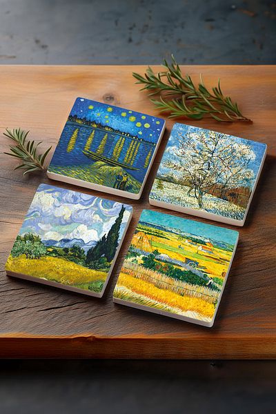 Pinecone Van Gogh Wheat Field, Peach Tree, Harvest Landscape, Night on the Rhine Stone Coaster