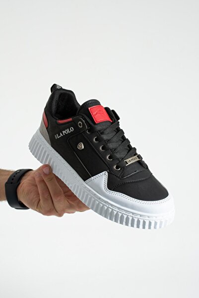 L.A Polo 027 Siyah Beyaz Kırmızı Renk Beyaz Tabanlı Bağcıklı Günlük Erkek Spor Ayakkabı