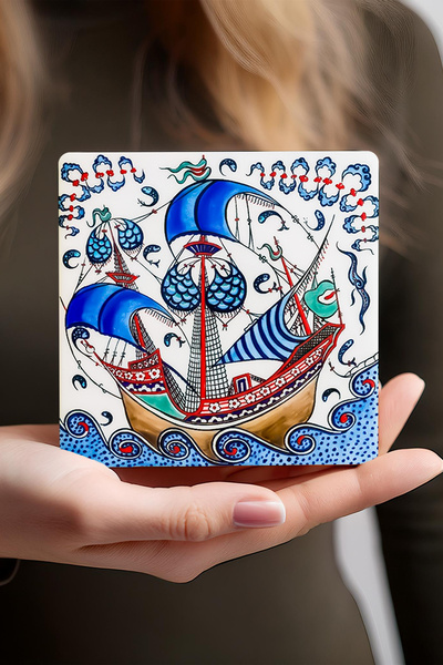 Pinecone Japanese Art, Mount Fuji, Tile Art Fish, Sailing Ship Stone Coasters Set of 4 10x10cm