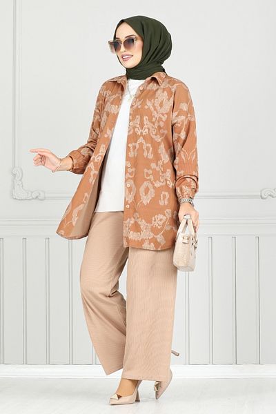 ModaMerve Tan Patterned Shirt Collar Set - 1573Lna1042-M