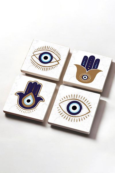 Pinecone Mother of Fatma's Hand (HAMSA), Evil Eye Stone Coaster Desktop Protective Coaster 4 Piece Set 10x10cm Sc236