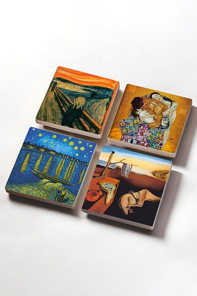 Pinecone Dalí The Persistence of Memory, Van Gogh, A Night on the Rhine, The Scream, Klimt Family Embrace Stone Coasters