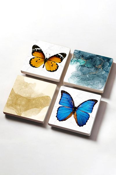 Pinecone Butterfly, Abstract Art Stone Coasters Desktop Protective Coasters 4 Piece Set 10x10cm Stone Coasters