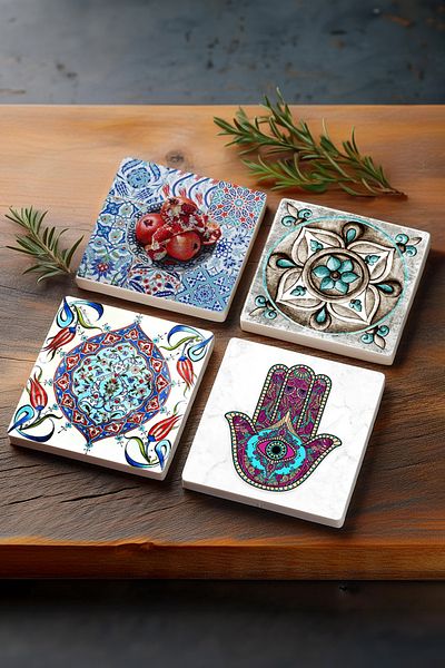 Pinecone Mother of Fatma Hand (HAMSA), Tile Art, Pomegranate Stone Coasters Desktop Protective Coasters Set of 4 10x10cm