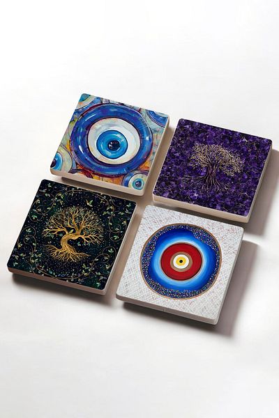 Pinecone Evil Eye, Tree of Life Stone Coaster Desktop Protective Coaster 4 Piece Set 10x10cm
