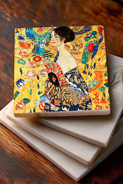 Pinecone Gustav Klimt Woman with a Fan, Portrait of Bauer, Family Embrace, Kiss Stone Coasters Set of 4