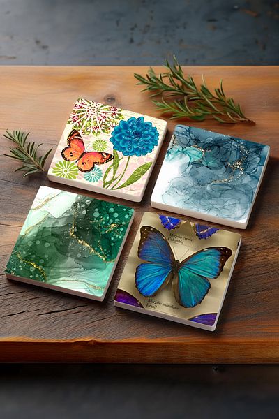 Pinecone Abstract Art, Butterfly Stone Coasters Desktop Protective Coasters 4 Piece Set 10x10cm Stone Coasters