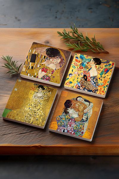 Pinecone Gustav Klimt Woman with a Fan, Portrait of Bauer, Family Embrace, Kiss Stone Coasters Set of 4