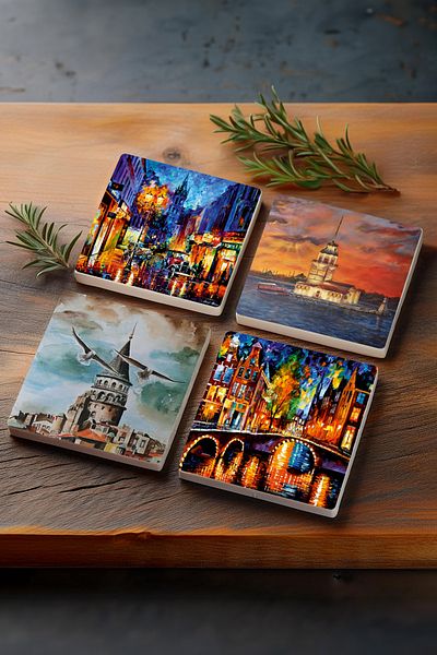 Pinecone Bridge View, Street View, Istanbul Galata Tower, Maiden's Tower Stone Coasters Set of 4