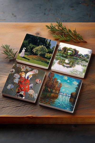 Pinecone Claude Monet Autumn, Japanese Costume, Rose Flower Belt, Woman in the Garden Stone Coaster Set of 4