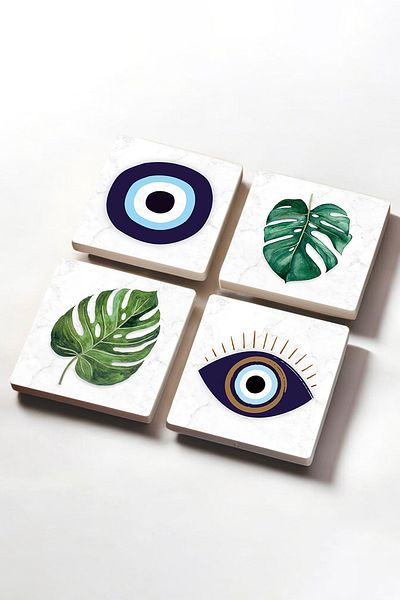 Pinecone Evil Eye, Leaf Stone Coaster Desktop Protective Coaster 4 Piece Set 10x10cm Stone Coasters Sc418