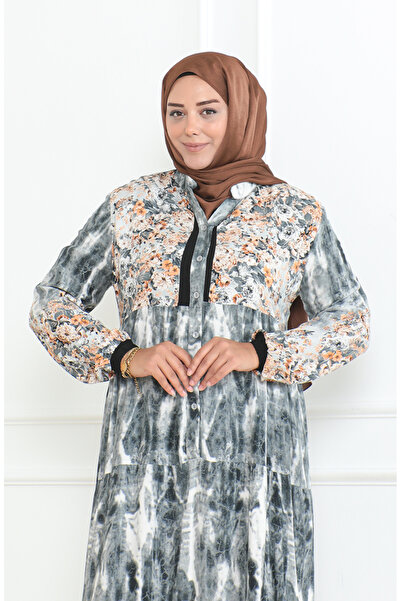 sefamerve Φόρεμα βισκόζης με σχέδιο Plus Size 5071-02 Γκρι