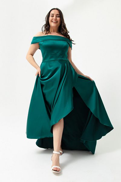 Lafaba Women's Emerald Green Boat Neck Plus Size Satin Evening Dress & Graduation Dress