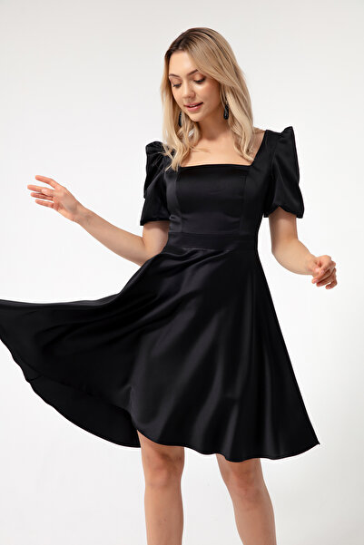 Lafaba Dámské večerní šaty z midi saténového střihu černé s balonovým rukávem