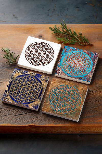 Pinecone Flower of Life Stone Coasters Desktop Protective Coasters 4 Piece Set 10x10cm Stone Coasters
