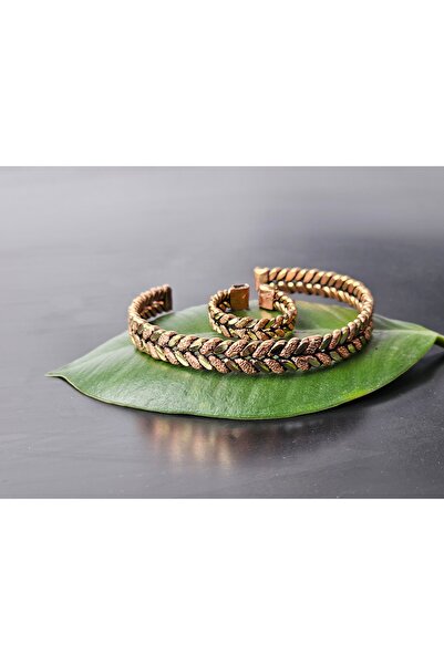 Zinnun Bakır Bilezik Burma Yüzüklü Taşlamalı