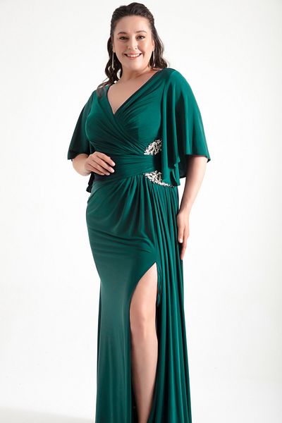 Lafaba Emerald Green Stone Detailed Large Size Long Women's Evening Dress