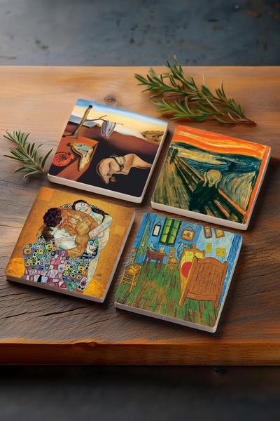 Pinecone Dalí Belleğin Azmi, Van Gogh Yatak Odası, Çığlık, Klimt Aile Kucaklama Taş Bardak Altlığı 4'lü Set