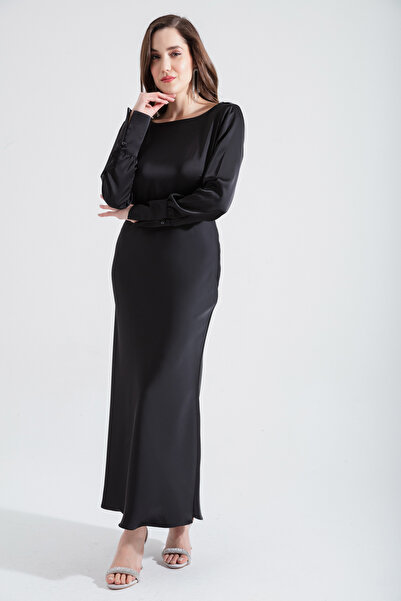 Lafaba Dámské noční midi saténové šaty v černém zadním střihu