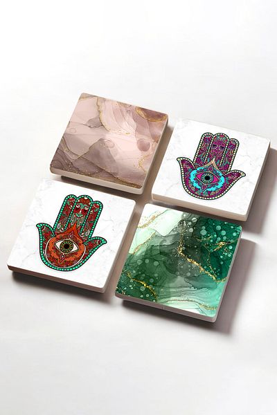 Pinecone Abstract Art, Hand of Mother Fatima (HAMSA) Stone Coaster Desktop Protective Coaster 4 Piece Set 10x10cm