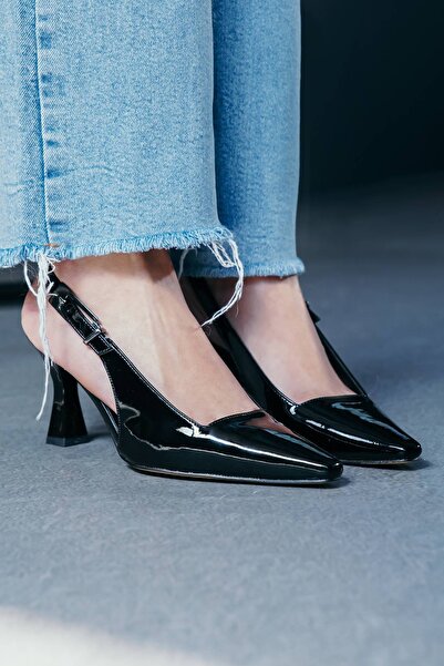 Lizzu Niola Piele Lacuita Neagra - Pantofi de dama cu toc scurt cu spatele de...