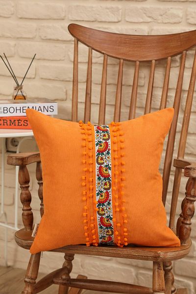 Aisha's Design Decorative Throw Pillow Cover with Flower Motif and Pompom Detail, K-398