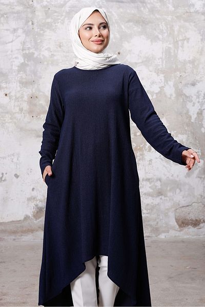 Bestenur Asymmetric Cut Tunic 1253 - Navy Blue