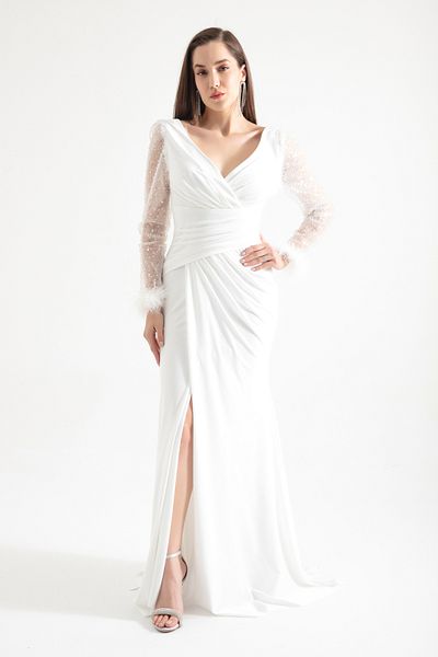 Lafaba Weißes langes Abendkleid für Damen mit V-Ausschnitt und Steinschlitzen