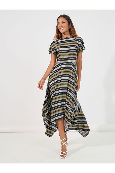 Styli Striped Asymmetric Hem A-Line Maxi Dress