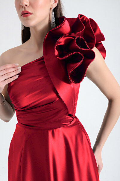 Lafaba One Shoulder Red Long Ruffle Women's Evening Dress